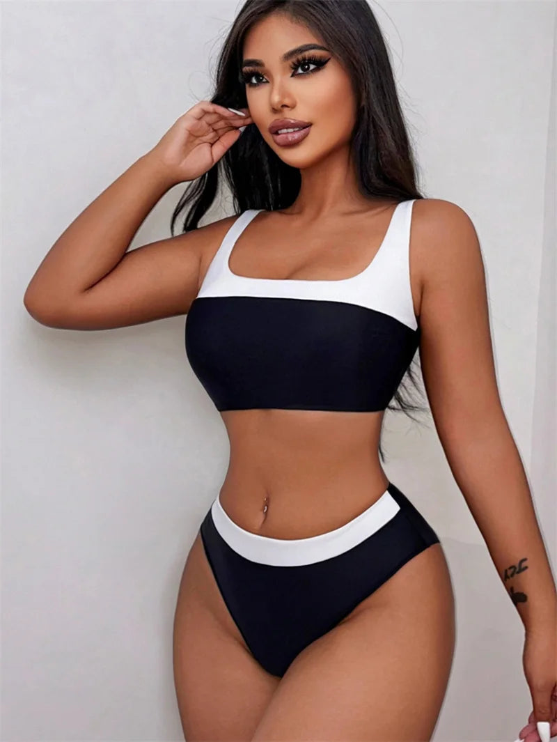 Black Patchwork Bandeau Swimwear Mid Waist Bikini Sets 2024 Sexy Women Swimsuit Brazilian Biquini Bathing Suit