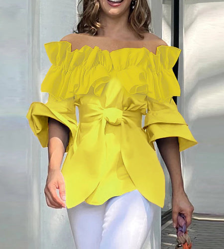 Women Original Cotton Blouses & Shirts 2025 Summer Off-shoulder Yellow Tiered Ruffled Elegant Tops Split-Joint Women Cl