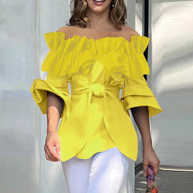 Women Original Cotton Blouses & Shirts 2025 Summer Off-shoulder Yellow Tiered Ruffled Elegant Tops Split-Joint Women Cl