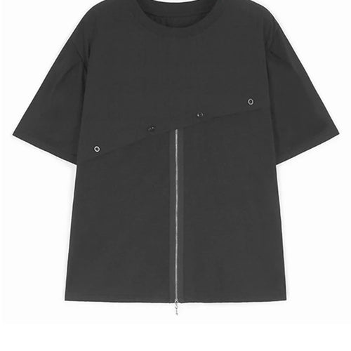 Load image into Gallery viewer, Women Gray Color-block Zipper Big Size Casual T-shirt New Round Neck Short Sleeve Fashion Tide Spring Summer 2025  1DJ0663
