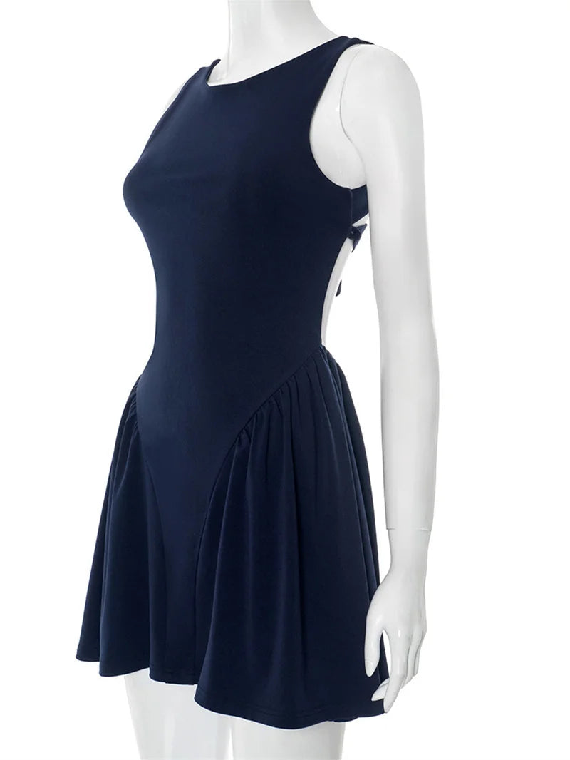 Backless Lace-up Sexy Mini Dress Women Robe Fashion O Neck Sleeveless High Waist A-line Club Party Dress Elegant