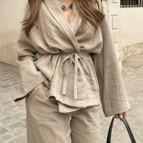 Load image into Gallery viewer, Solid Casual Two Piece Sets For Women Lapel Long Sleeve Spliced Lace Up Tops High Waist Wide Leg Pants Minimalist Set Female
