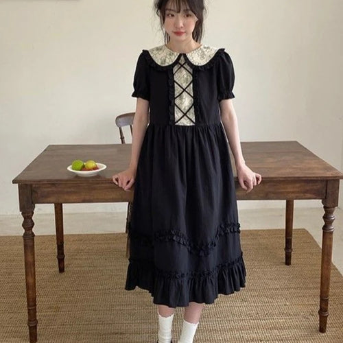 Load image into Gallery viewer, Kawaii Lolita School Dress Soft Sweet Preppy Japanese Student Ruffles Black Puff Sleeve Party Midi Dresses Autumn
