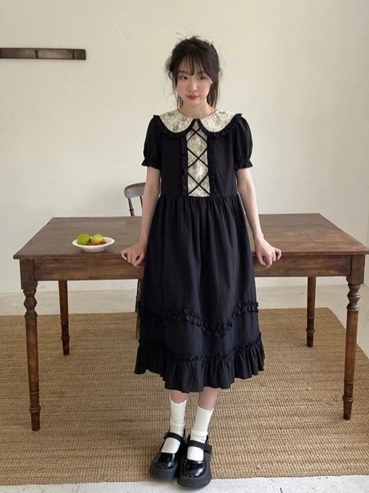 Kawaii Lolita School Dress Soft Sweet Preppy Japanese Student Ruffles Black Puff Sleeve Party Midi Dresses Autumn