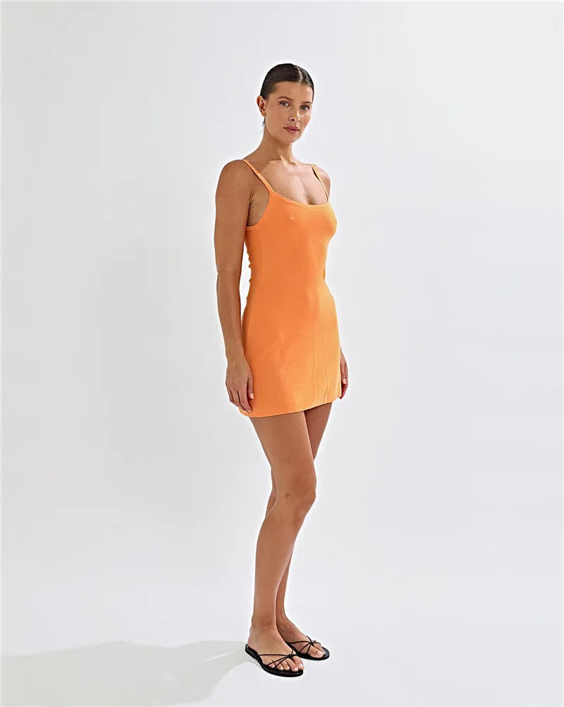 Spaghetti Strap Print Knit Mini Dress For Woman Robe Summer New Sleeveless Backless Beach Holiday Club Dress Knitwear