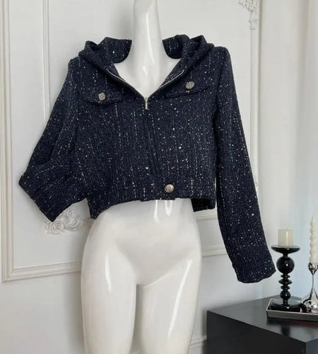 Autumn Winter Women New Blue Long Sleeve Short Coat Vintage French Fashion Elegant Hooded Lady Vacation Zipper Jacket Simplicity