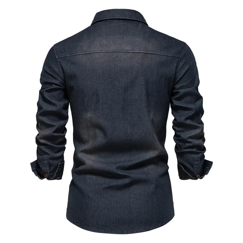 Elastic Cotton Denim Shirt Men Long Sleeve Quality Cowboy Shirts for Men Casual Slim Fit Jeans Men Shirts