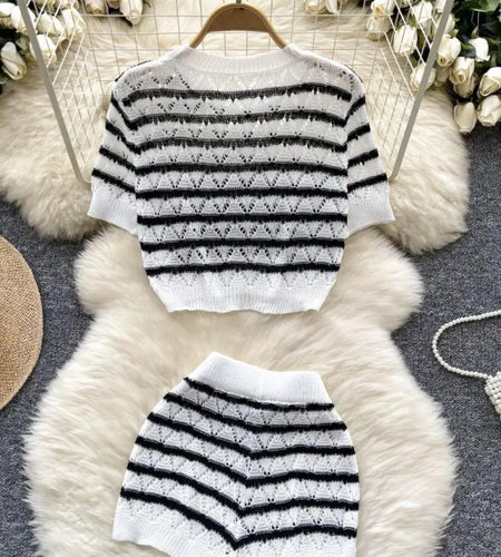 Summer Women Korean Black White Striped Hollowed Out Short Sleeve Knit Tops And High Waist Shorts Streetwear Casual Holiday Sets