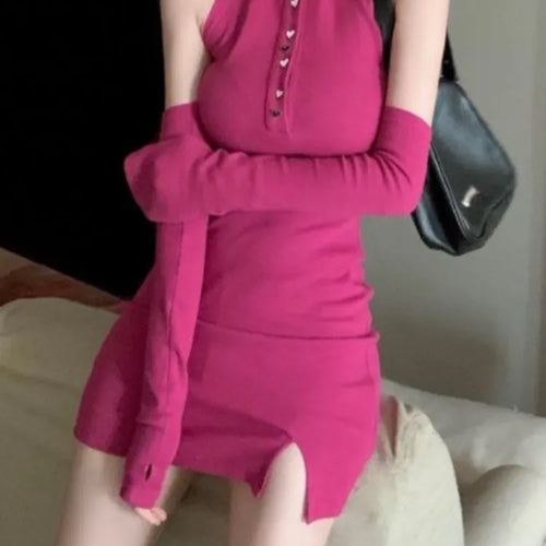 Load image into Gallery viewer, Y2k Sexy Halter Mini Dress Backless Bodycon Korean Fashion Kpop Streetwear Short Dresses with Sleeves Polo Collar
