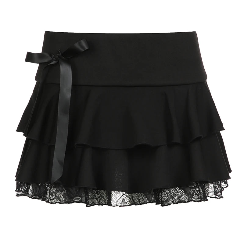 Gothic Y2K Aesthetic Mini Skirt Low Waist Bow Dark Academia Lace Trim A-Line Women's Skirt Girls Short Double Layer