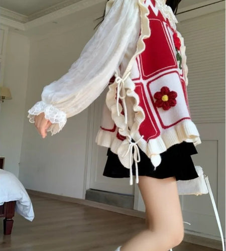 3D Flower Sweater Vest Casual Vintage Bandage Pullovers Y2k Aesthetic Women Streetwear Grunge Contrast Color Knitwear Waistcoat