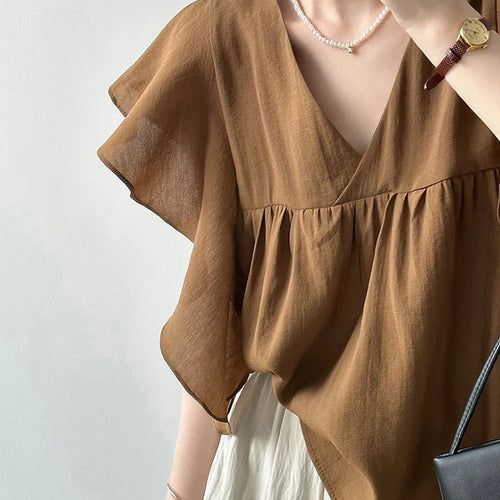 Load image into Gallery viewer, French Style Chic Brown Ruffles Women Blouse Flying Sleeve V-neck Solid Color Fashion Female Blouse Summer Elegant Tops
