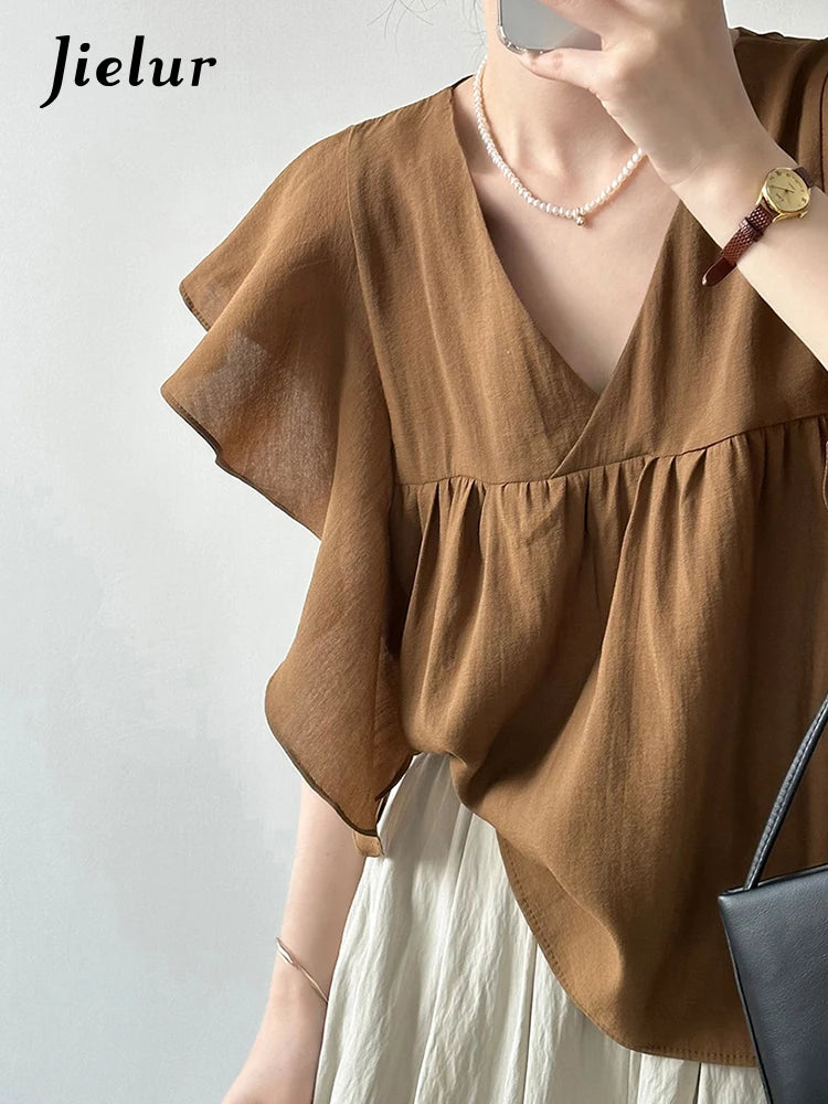 French Style Chic Brown Ruffles Women Blouse Flying Sleeve V-neck Solid Color Fashion Female Blouse Summer Elegant Tops