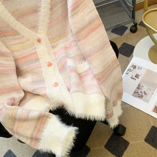 Load image into Gallery viewer, Autumn Winter Rainbow Striped Gradient Long Sleeved Short Hairy Sweater Women's V-neck Single Breasted Knit Pullover Tops 2024
