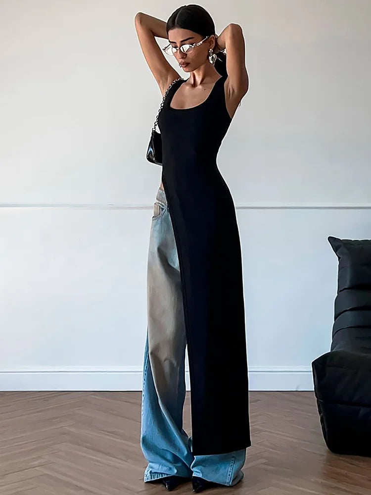 Fashion Solid Square Collar Straps Backless Slit Sexy Bodycon Maxi Dress Summer Women Y2K New Outfits Party Vacation