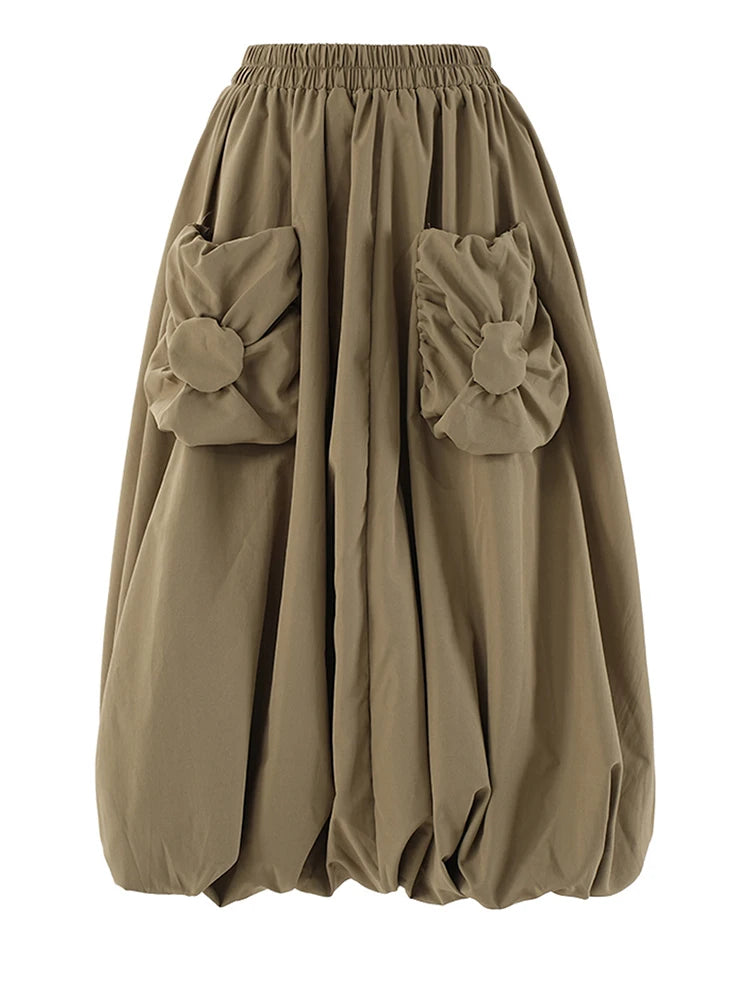 High Elastic Waist Khaki Pocket Shaped A-line Casual Half-body Skirt Women Fashion Tide New Spring Autumn 2025 CPG2082