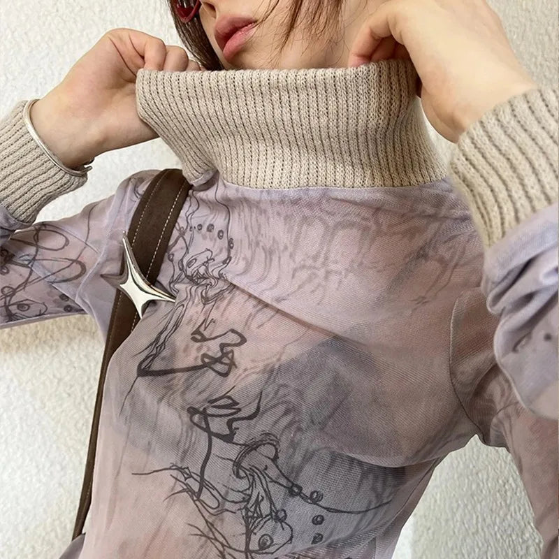 Japanese Y2k Mesh Knitted Tops Vintage Tattoo Print See Through T-shirt Grunge Aesthetics Turtleneck Sheer Tops Harajuku