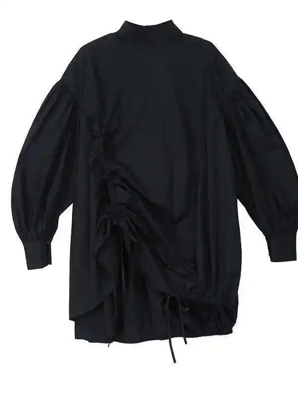 Women Back Long Drawstring Big Size Blouse New Satnd Collar Long Sleeve Loose Fit Shirt Fashion Spring Autumn 2025 1Z189