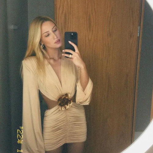 Load image into Gallery viewer, Sexy Deep V 3D Flower Women's Dress Bodycon Hollow Out  Backless Long Sleeve Folds Female Mini Dress Party Club Vestidos
