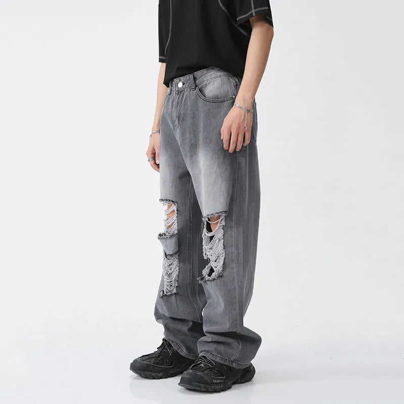 High Street Style Men's Ripped Jeans Trend Loose Hole Straight Wide Leg Pants Male Solid Color Denim Trousers 9A7544