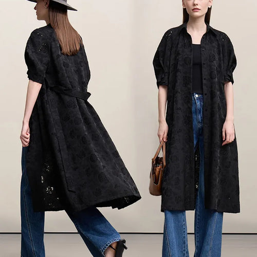 Women's Dress 2026 Spring New Casual A-Line Loose Long Dress Women's Embroidery Short Sleeve Belted Woman Clothing 12641104