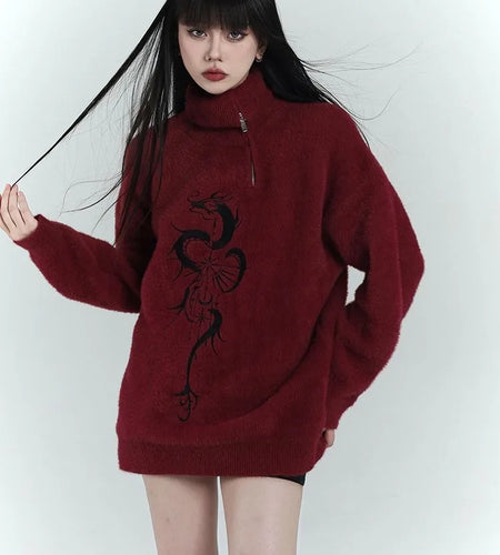 Streetwear Red Zipper Grunge Sweaters Y2k Aesthetic Loose Casual Vintage Printing Pullovers Women Oversized Harajuku Jumpers
