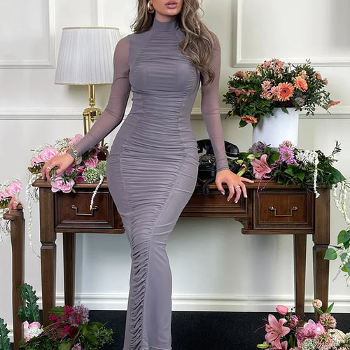 Load image into Gallery viewer, Elegant Mesh Patchwork Long Sleeved Dress Women Double Layer Slim Maxi Dress Female Elegant Party Club Evening Dress2024
