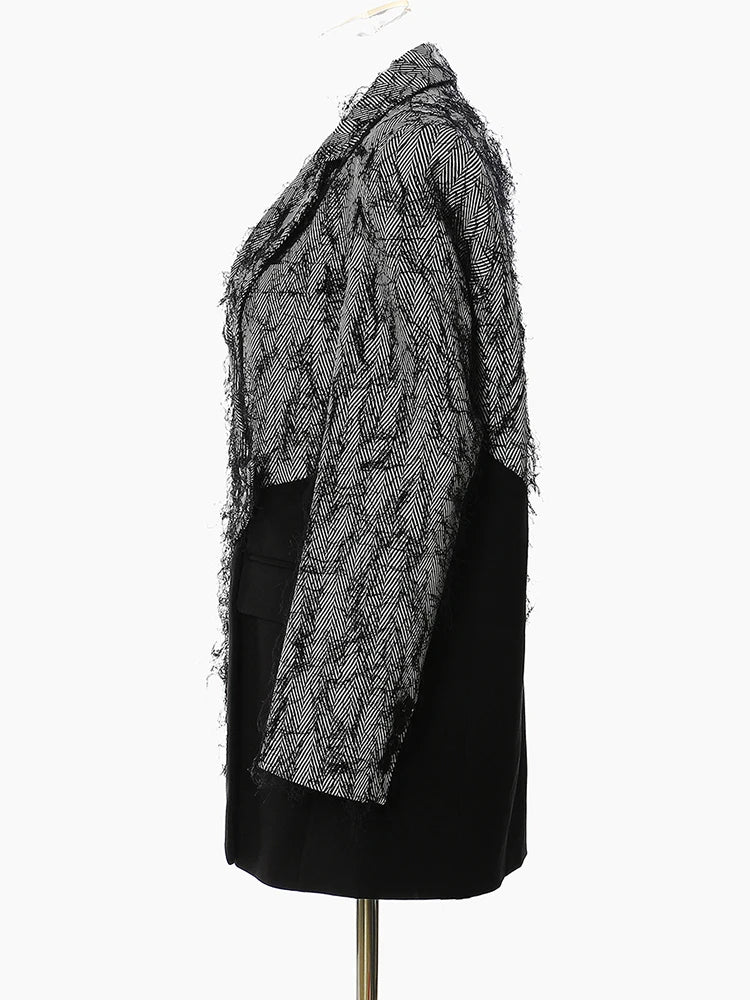 Women Black Color-block Tassels Big Size Blazer New Lapel Long Sleeve Loose Fit Jacket Fashion Spring Autumn 2025 1DH2129