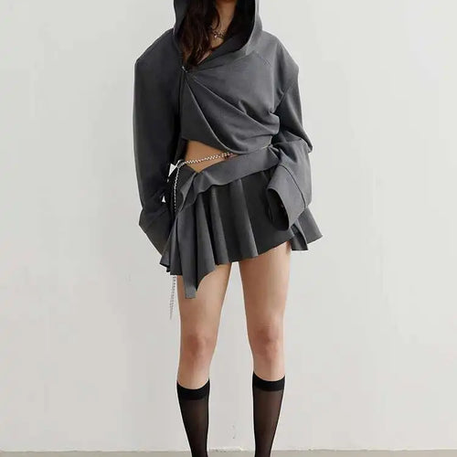 Load image into Gallery viewer, High Waist Gray Pleated Irregular Hem Casual Mini Half-body Skirt Women Fashion Tide New Spring Autumn 2025 1DF6142
