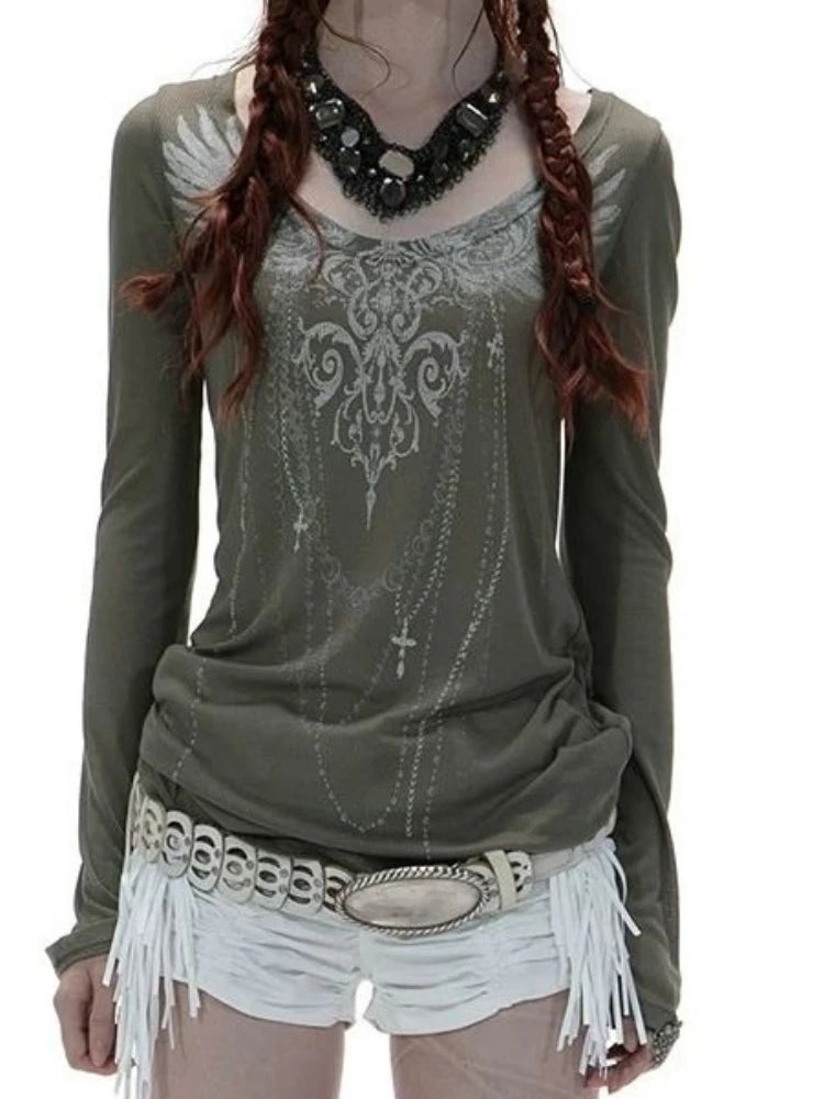 Y2k Aesthetic Sun Protection Women T-shirt Vintage Printing Streetwear Grunge Tshirts 2025 Harajuku Gothic Slim Fit Tees Femme