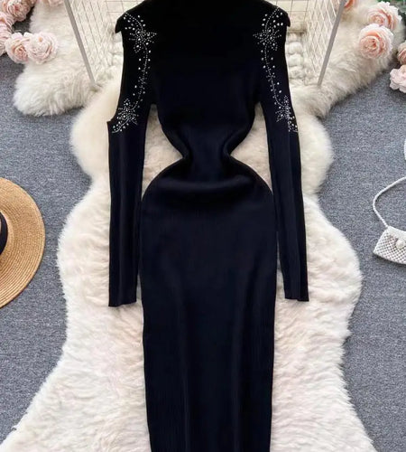 Autumn Elegant Half High Neck Long Sleeves Hollow Out Diamonds Hip Wrap Dress 2023 Fashion Slim Knitted Midi Dress French Simple