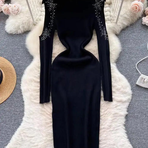 Load image into Gallery viewer, Autumn Elegant Half High Neck Long Sleeves Hollow Out Diamonds Hip Wrap Dress 2023 Fashion Slim Knitted Midi Dress French Simple
