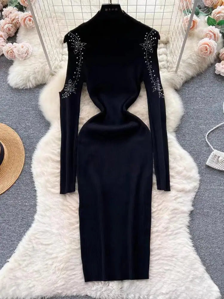 Autumn Elegant Half High Neck Long Sleeves Hollow Out Diamonds Hip Wrap Dress 2023 Fashion Slim Knitted Midi Dress French Simple