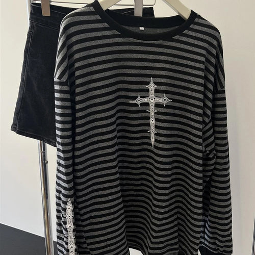 Load image into Gallery viewer, Women Streetwear Punk Stripe T-shirts Spring Y2k Aesthetic Crucifix Printing Casual Tops Oversize Vintage Grunge Trendy Tees
