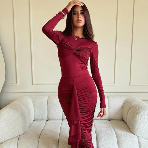 Load image into Gallery viewer, Elegant Long Sleeved Elastic Tight Pleated Party Club Evening Dress Women Fashion Maxi Vestido Autumn Winter New Female
