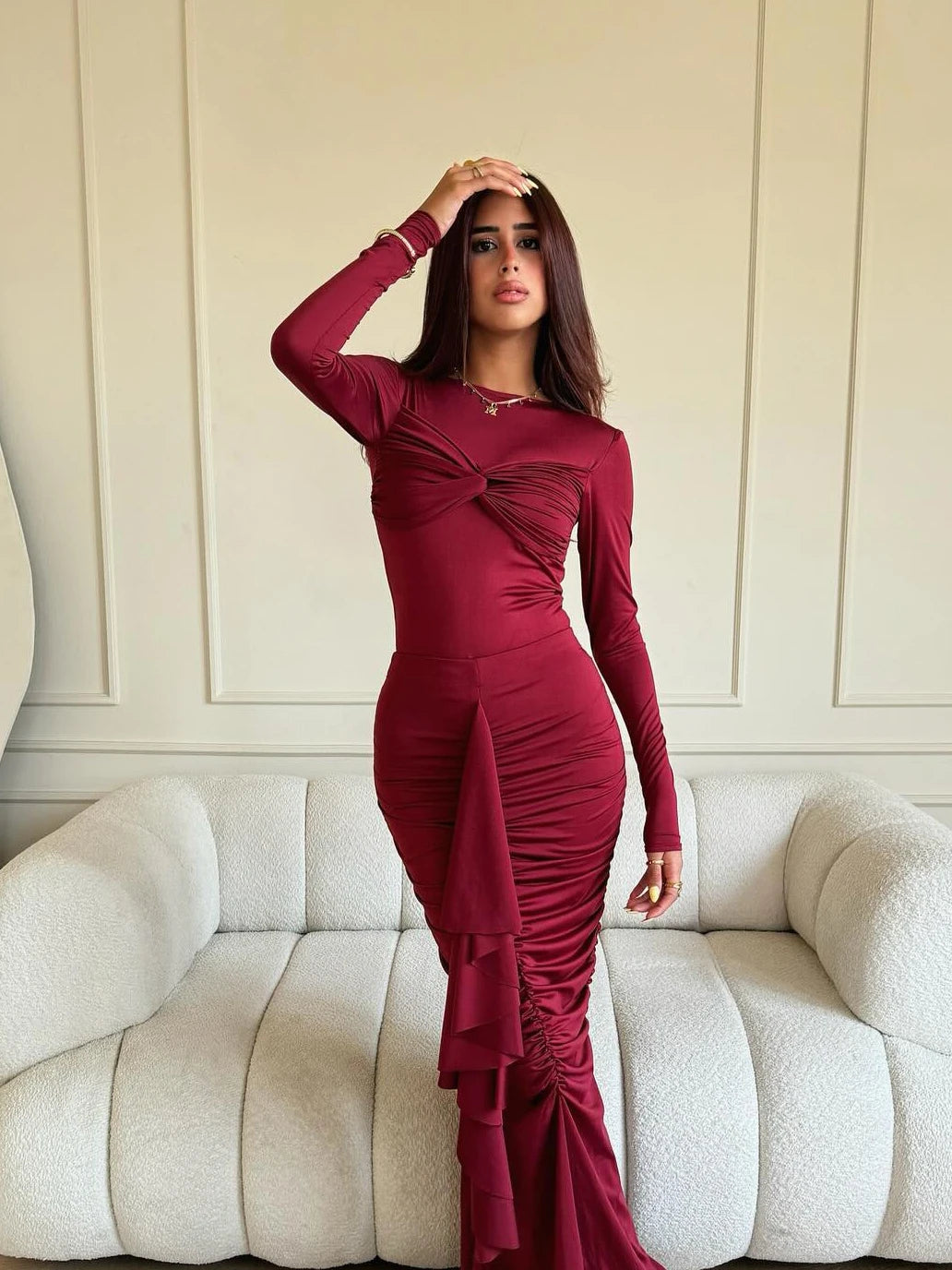 Elegant Long Sleeved Elastic Tight Pleated Party Club Evening Dress Women Fashion Maxi Vestido Autumn Winter New Female