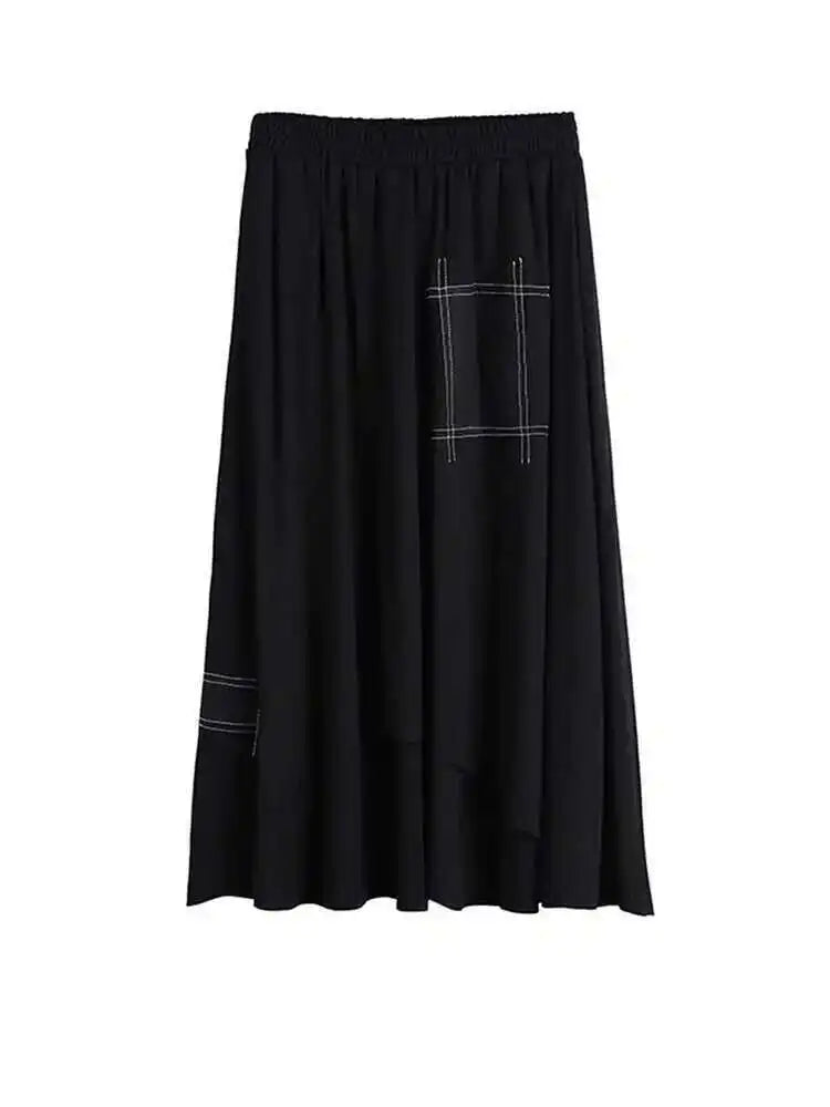 Irregular Pocket Spliced High Elastic Waist Black Half-body Mid-Calf Skirt Women Fashion Tide Spring Summer 2025 1DD8090