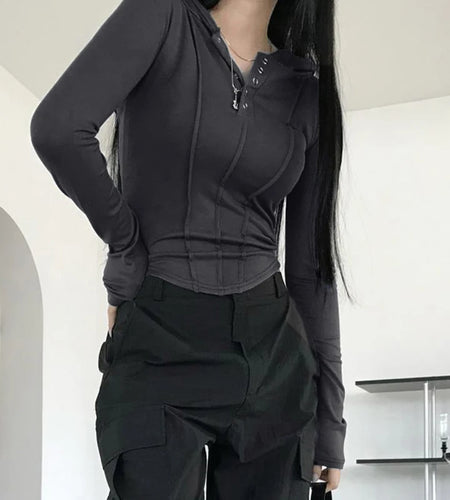 Casual Bodycon Stitch Long Sleeve Hooded Tee Shirt Slim Basic Buttons Harajuku Autumn T shirt Female Korean Crop Tops