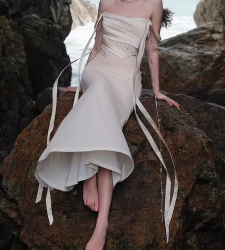 Slimming Spliced Lace Up Sexy Dresses for Women Strapless Sleeveless High Waist Patchwork Chain Dress Female New