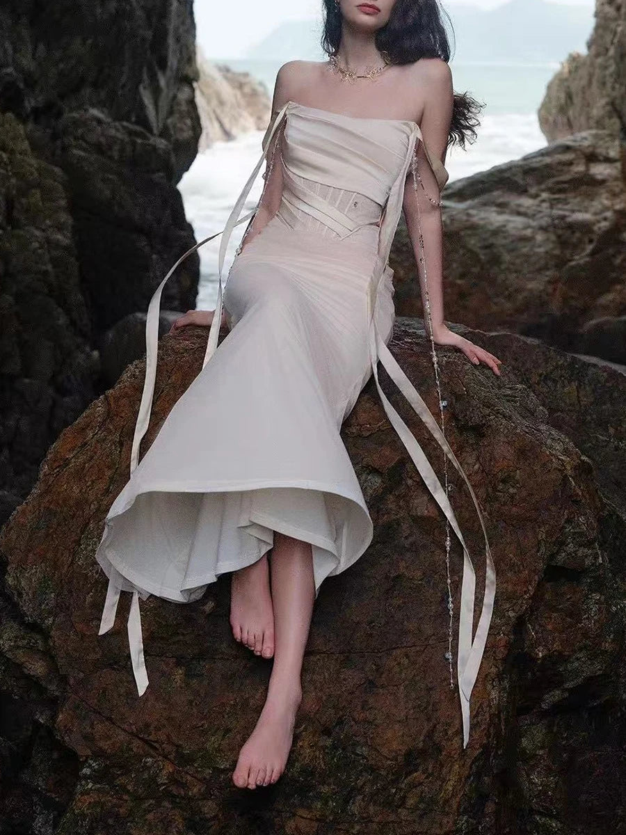 Slimming Spliced Lace Up Sexy Dresses for Women Strapless Sleeveless High Waist Patchwork Chain Dress Female New