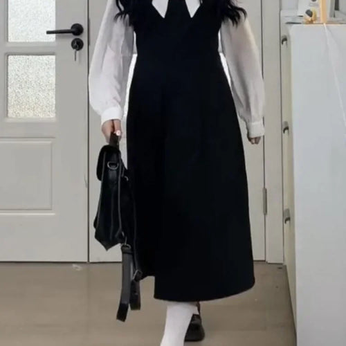 Load image into Gallery viewer, School Black Dress Women Preppy Style Sweet Student Kawaii Midi Dresses Korean Fashion Kpop Long Sleeve Robes Autumn
