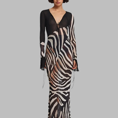 Load image into Gallery viewer, Transparent Zebra Print Chiffon Dress Sexy Elegant V-neck Long Sleeve Maxi Dresses Summer Beach Outfit C92-DE25
