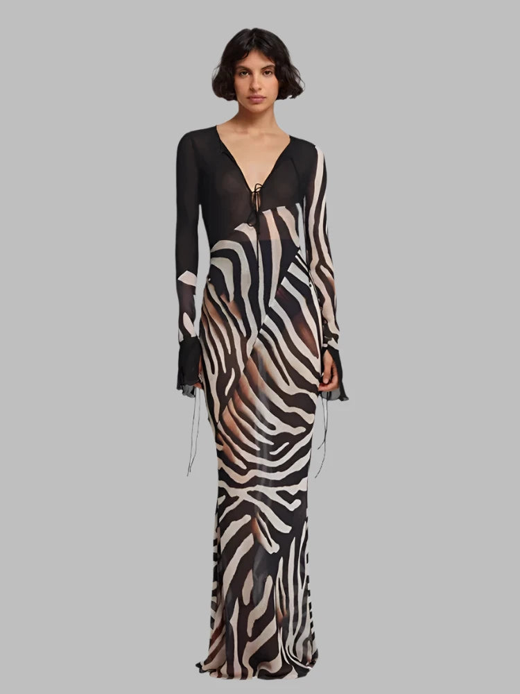 Transparent Zebra Print Chiffon Dress Sexy Elegant V-neck Long Sleeve Maxi Dresses Summer Beach Outfit C92-DE25