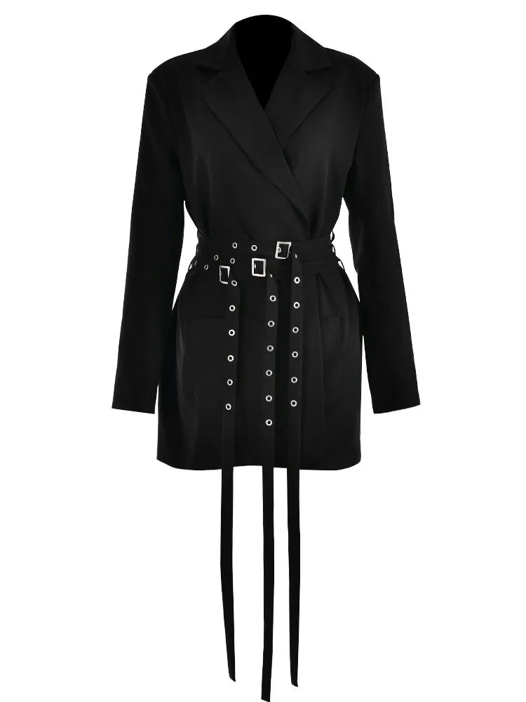 Double Layer Bandage Slim Blazer Women Long Sleeve Pocket Long Jacket Female Suit Outwear Tops Street Party 2023 Autumn