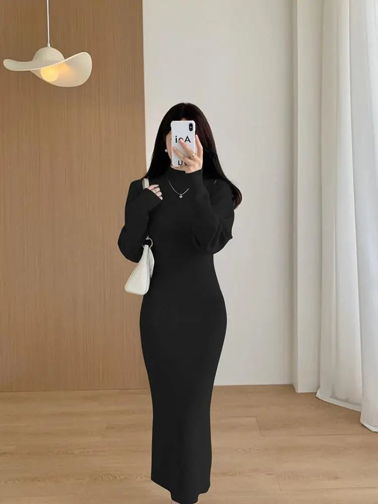 Elegant Solid Ribbed Knitted Dress Women Slim Long Sleeve Cardigan Top And Vest Dresses Autumn Winter Lady Streetwear Robe