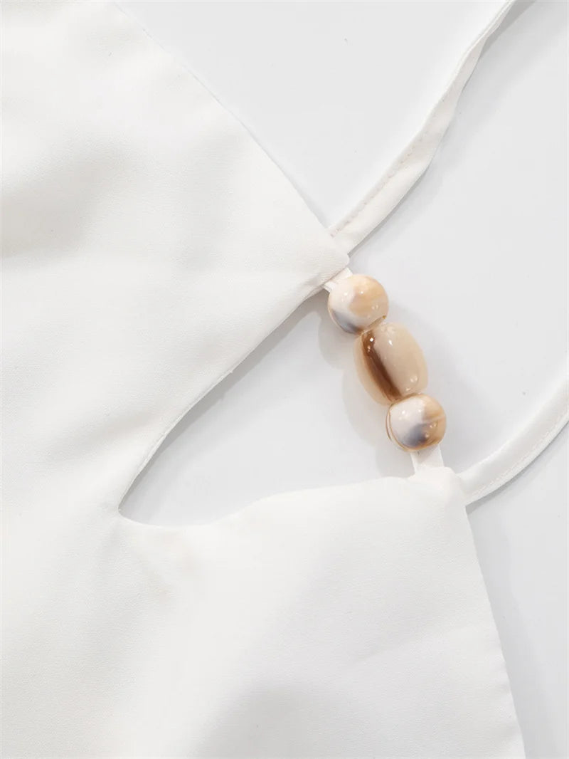 Halter Off-shoulder Backless Sexy Mini Dress Women White Hollow Out Strapless Lace-up A-line Club Dress Summer 2025