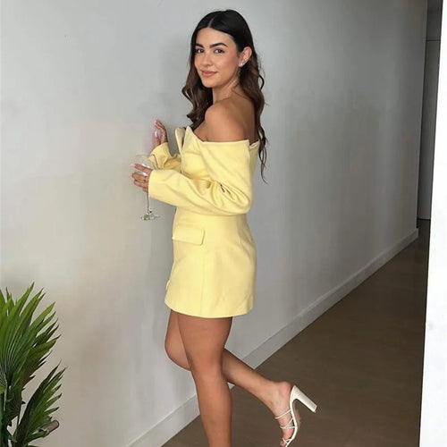 Load image into Gallery viewer, Off-shoulder Strapless Sexy Blazer Dress For Women Fashion Solid Zipper Two Pocket Long Sleeve Backless Mini Dress
