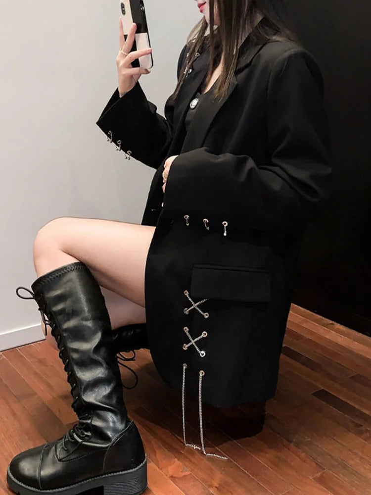 Harajuku Women Jackets Black Gothic Punk Hip Hop Solid Vintage Blazer Coats  Chic Chain Loose Jacket Streetwear