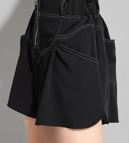 Women Black Topstitched Zipper Pocket Wide Leg Shorts New High Waist Trousers Fashion Tide Spring Summer 2025 1DJ1054