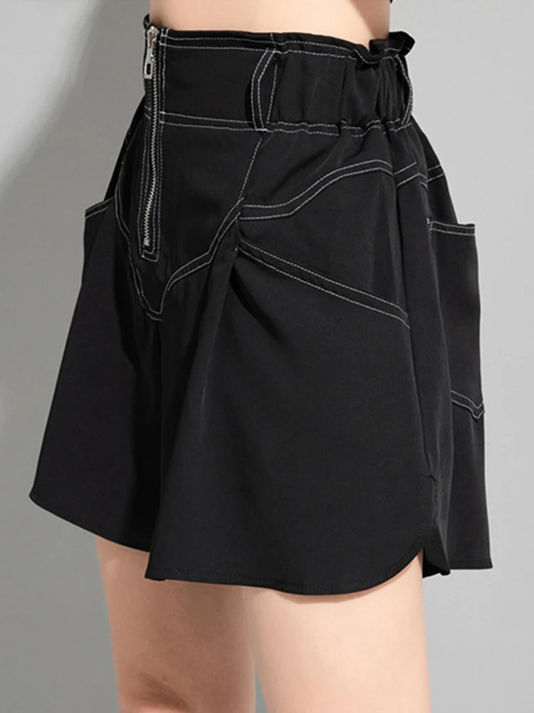 Women Black Topstitched Zipper Pocket Wide Leg Shorts New High Waist Trousers Fashion Tide Spring Summer 2025 1DJ1054